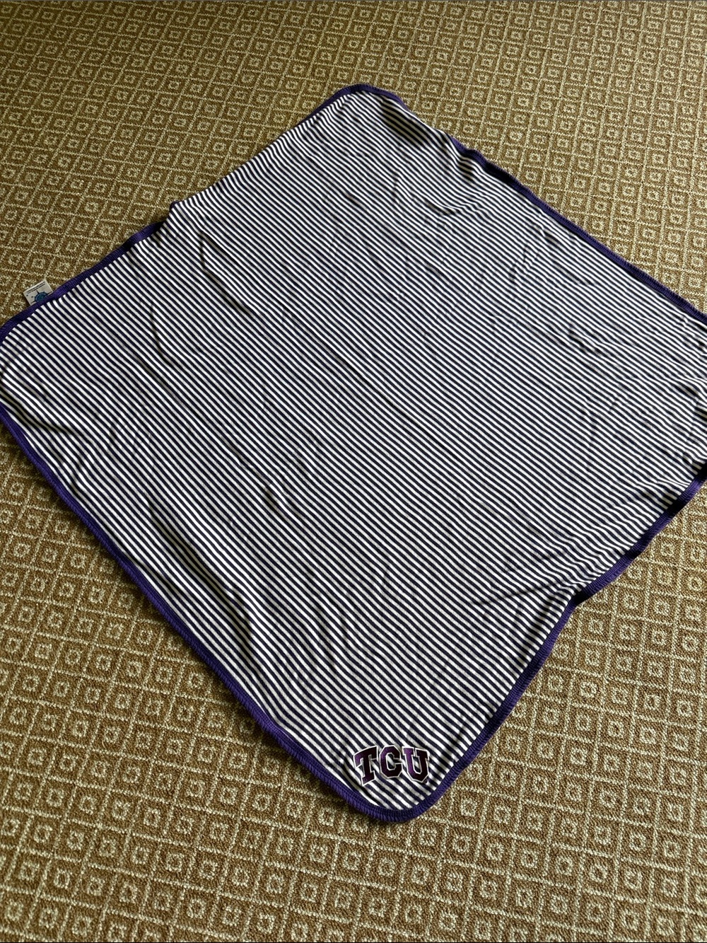 TCU Striped Throw Blanket in Purple. and White with Purple Trim Baby Blanket